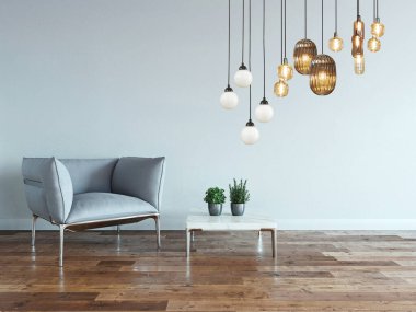 interior design with modern gray chairs and bright empty space. 3D illustration
