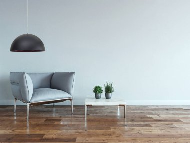 interior design with modern gray chairs and bright empty space. 3D illustration