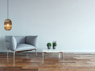 interior design with modern gray chairs and bright empty space. 3D illustration