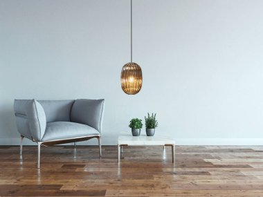 interior design with modern gray chairs and bright empty space. 3D illustration