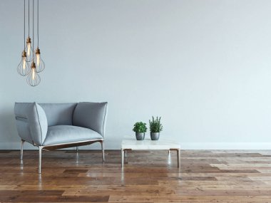 interior design with modern gray chairs and bright empty space. 3D illustration