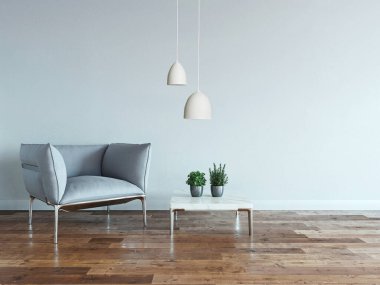 interior design with modern gray chairs and bright empty space. 3D illustration