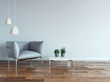 interior design with modern gray chairs and bright empty space. 3D illustration