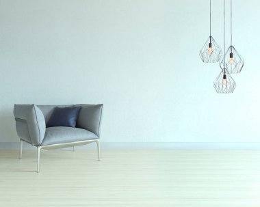 Boş oda ve gri koltuk iç tasarımı. 3B illüstrasyon