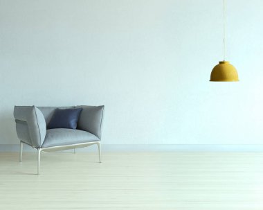 Boş oda ve gri koltuk iç tasarımı. 3B illüstrasyon