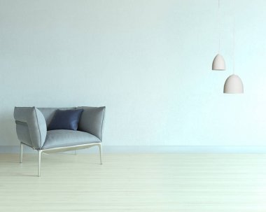 Ahşap zemini ve dekoratif taş duvarı olan boş bir iç tasarım. 3B illüstrasyon