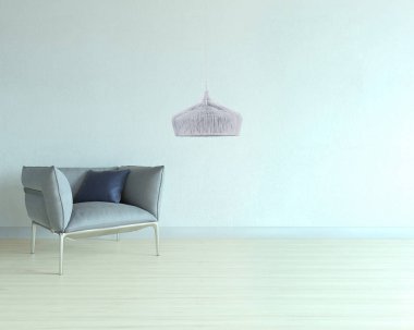 Ahşap zemini ve dekoratif taş duvarı olan boş bir iç tasarım. 3B illüstrasyon