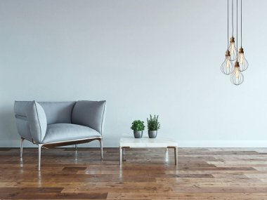 Ahşap zemini ve dekoratif taş duvarı olan boş bir iç tasarım. 3B illüstrasyon