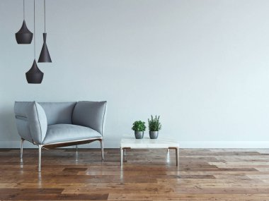 Beyaz taş duvar boş oda ve iç tasarım, asılı lamba. 3B illüstrasyon