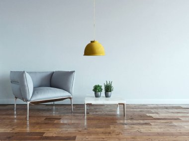 Beyaz taş duvar boş oda ve iç tasarım, asılı lamba. 3B illüstrasyon