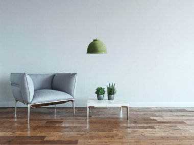 Beyaz taş duvar boş oda ve iç tasarım, asılı lamba. 3B illüstrasyon