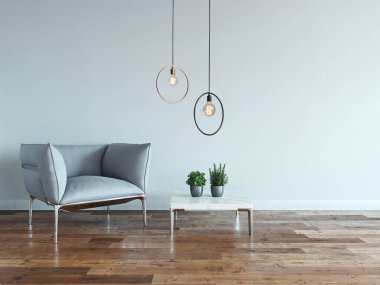 Beyaz taş duvar boş oda ve iç tasarım, asılı lamba. 3B illüstrasyon