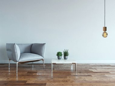 Beyaz taş duvar boş oda ve iç tasarım, asılı lamba. 3B illüstrasyon