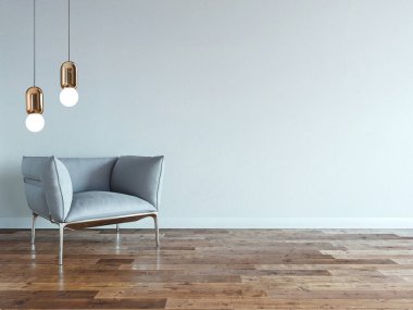 Ev, ofis, otel ve yatak odası için taş duvar iç tasarımı modern lamba. 3B illüstrasyon