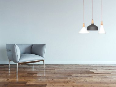 Ev, ofis, otel ve yatak odası için taş duvar iç tasarımı modern lamba. 3B illüstrasyon
