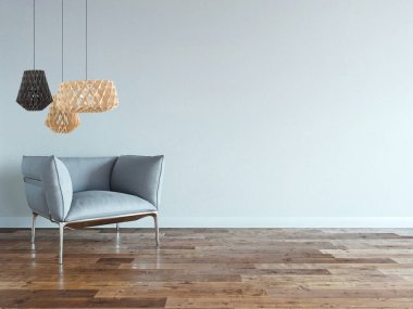 Ev, ofis, otel ve yatak odası için taş duvar iç tasarımı modern lamba. 3B illüstrasyon