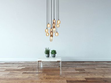 Ev, ofis, otel ve yatak odası için taş duvar iç tasarımı modern lamba. 3B illüstrasyon