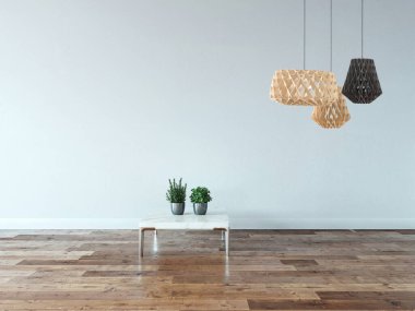 Boş oturma odası dekorasyonu modern lamba ve ahşap zemin, taş duvar konsepti. Ev, ofis, otel için dekoratif arka plan. 3B illüstrasyon