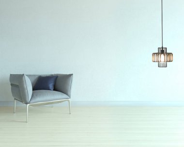 Boş oturma odası dekorasyonu modern lamba ve ahşap zemin, taş duvar konsepti. Ev, ofis, otel için dekoratif arka plan. 3B illüstrasyon