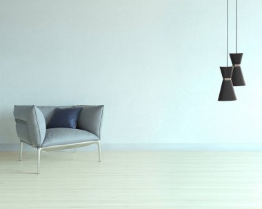 Boş oturma odası dekorasyonu modern lamba ve ahşap zemin, taş duvar konsepti. Ev, ofis, otel için dekoratif arka plan. 3B illüstrasyon