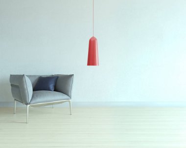 Boş oturma odası dekorasyonu modern lamba ve ahşap zemin, taş duvar konsepti. Ev, ofis, otel için dekoratif arka plan. 3B illüstrasyon