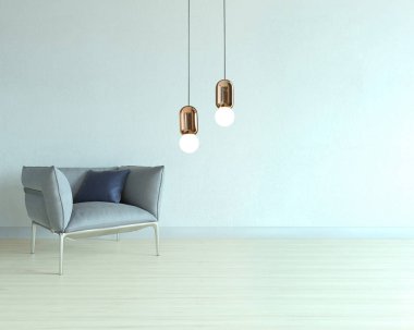 Boş oturma odası dekorasyonu modern lamba ve ahşap zemin, taş duvar konsepti. Ev, ofis, otel için dekoratif arka plan. 3B illüstrasyon