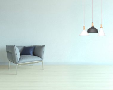 Boş oturma odası dekorasyonu modern lamba ve ahşap zemin, taş duvar konsepti. Ev, ofis, otel için dekoratif arka plan. 3B illüstrasyon