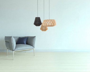 Boş oturma odası dekorasyonu modern lamba ve ahşap zemin, taş duvar konsepti. Ev, ofis, otel için dekoratif arka plan. 3B illüstrasyon