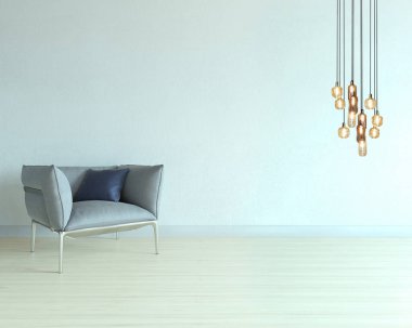 Oturma odasının iç dekorasyonu ahşap zemin, taş duvar konsepti. Ev, ofis ve otel için dekoratif arka plan. 3B illüstrasyon