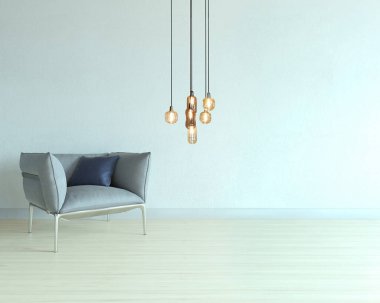 Oturma odasının iç dekorasyonu ahşap zemin, taş duvar konsepti. Ev, ofis ve otel için dekoratif arka plan. 3B illüstrasyon