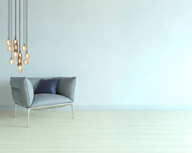 Oturma odasının iç dekorasyonu ahşap zemin, taş duvar konsepti. Ev, ofis ve otel için dekoratif arka plan. 3B illüstrasyon