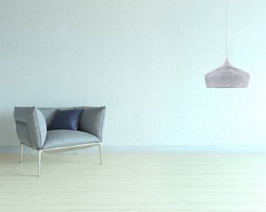 Oturma odasının iç dekorasyonu ahşap zemin, taş duvar konsepti. Ev, ofis ve otel için dekoratif arka plan. 3B illüstrasyon