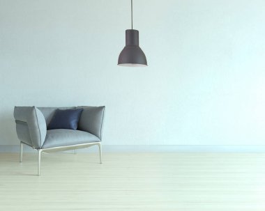 Oturma odasının iç dekorasyonu ahşap zemin, taş duvar konsepti. Ev, ofis ve otel için dekoratif arka plan. 3B illüstrasyon