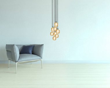 Oturma odasının iç dekorasyonu ahşap zemin, taş duvar konsepti. Ev, ofis ve otel için dekoratif arka plan. 3B illüstrasyon