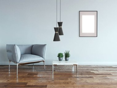 Boş oda ve gri koltuk iç tasarımı. 3B illüstrasyon