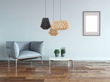 Yeni boş oturma odası iç dekorasyon ahşap zemin, taş duvar konsepti. Ev, ofis ve otel için dekoratif arka plan. 3B illüstrasyon