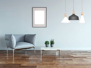 Yeni boş oturma odası iç dekorasyon ahşap zemin, taş duvar konsepti. Ev, ofis ve otel için dekoratif arka plan. 3B illüstrasyon