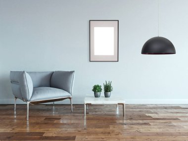 Yeni boş oturma odası iç dekorasyon ahşap zemin, taş duvar konsepti. Ev, ofis ve otel için dekoratif arka plan. 3B illüstrasyon