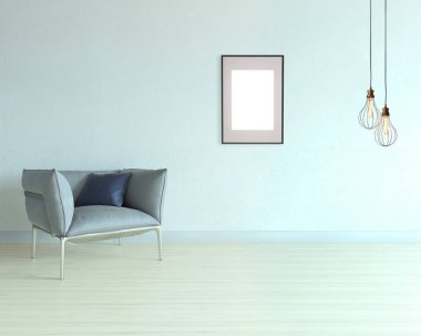 Ahşap zemini ve dekoratif taş duvarı olan boş bir iç tasarım. 3B illüstrasyon