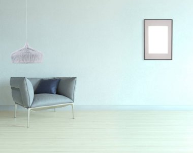 Ahşap zemini ve dekoratif taş duvarı olan boş bir iç tasarım. 3B illüstrasyon