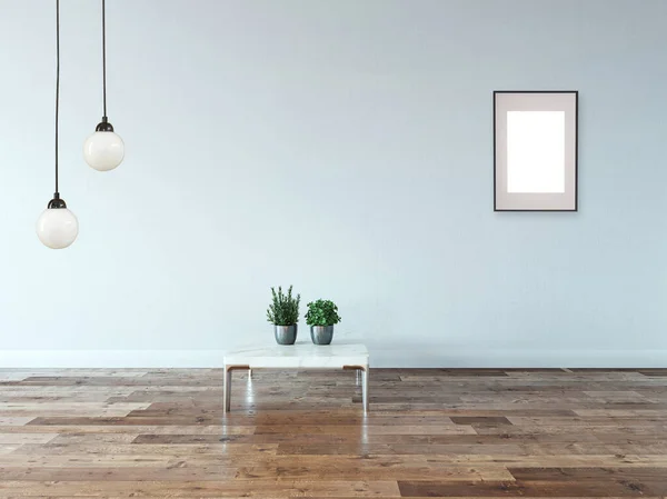 Nový Prázdný Obývací Pokoj Interiér Dekorace Dřevěné Podlahy Kamenná Zeď — Stock fotografie
