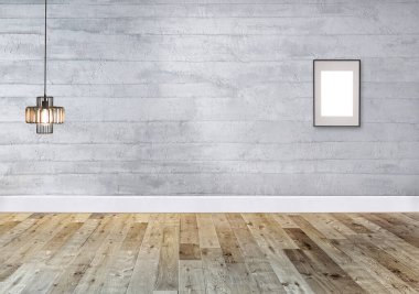 Özel dizayn ahşap zemin ve taş duvarlı boş iç tasarım. 3B illüstrasyon