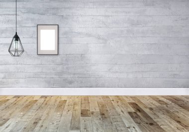 Özel dizayn ahşap zemin ve taş duvarlı boş iç tasarım. 3B illüstrasyon