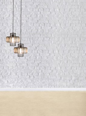 Taş duvar boş iç dekorasyon modern lamba ve ahşap zemin konsepti, ev, ofis, otel için dekoratif ve arka plan