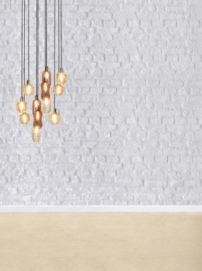 Taş duvar boş iç dekorasyon modern lamba ve ahşap zemin konsepti, ev, ofis, otel için dekoratif ve arka plan