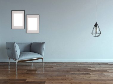 Parlak boş iç tasarım, dekoratif taş duvar. 3B illüstrasyon