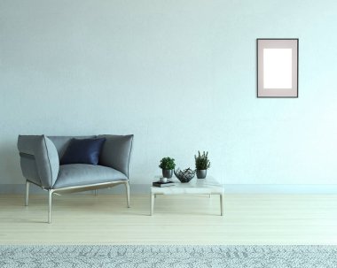 Parlak boş iç tasarım, dekoratif taş duvar. 3B illüstrasyon