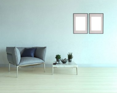 Parlak boş iç tasarım, dekoratif taş duvar. 3B illüstrasyon