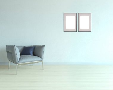 Parlak boş iç tasarım, dekoratif taş duvar. 3B illüstrasyon