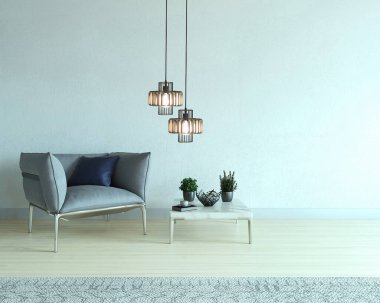 Boş oda ve iç tasarım, asılı lamba. 3B illüstrasyon